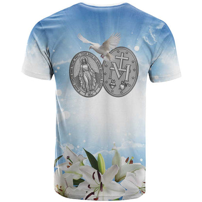 Italy Immaculate Conception Feast Day T-Shirt Virgin Mary with Cross And Lily Flower Graphic Tee