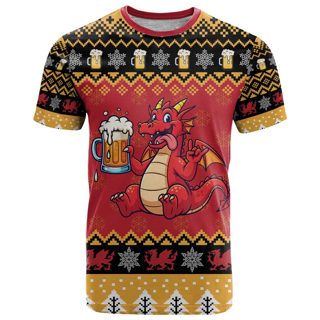 Carmarthenshire Wales Christmas T-Shirt Funny Welsh Red Dragon Beer Xmas Graphic Tee