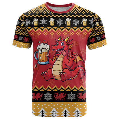 Carmarthenshire Wales Christmas T-Shirt Funny Welsh Red Dragon Beer Xmas Graphic Tee