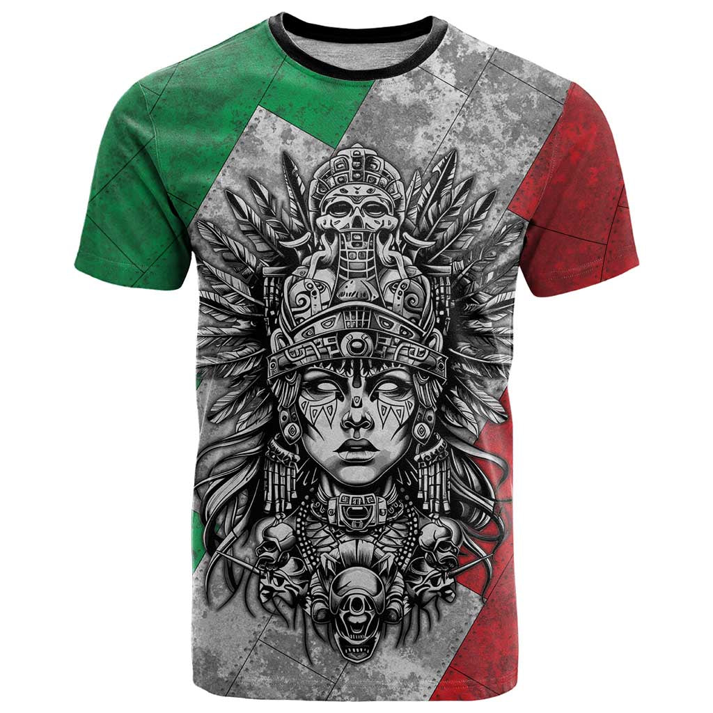 Mexico Aztec Warrior Goddess T-Shirt Aztec Tribal Skull Tricolor Armor Graphic Tee