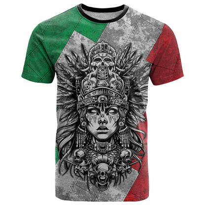 Mexico Aztec Warrior Goddess T-Shirt Aztec Tribal Skull Tricolor Armor Graphic Tee