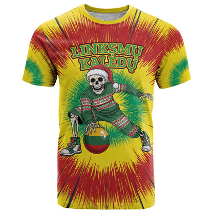 Personalized Lithuania Christmas Tie Dye T-Shirt Skeleton Basketball Slam Dunk Santa Hat Graphic Tee