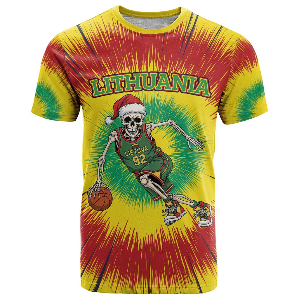 Personalized Lithuania Christmas Tie Dye T-Shirt Skeleton Basketball Slam Dunk Graphic Tee