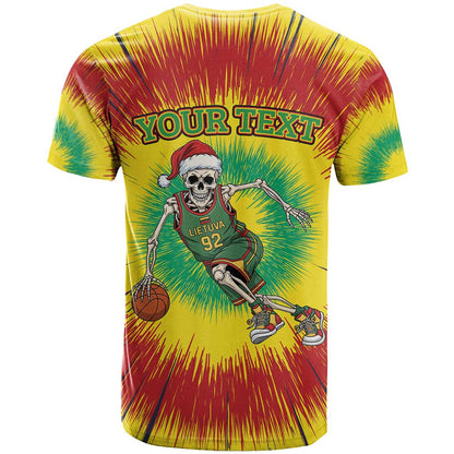 Personalized Lithuania Christmas Tie Dye T-Shirt Skeleton Basketball Slam Dunk Graphic Tee