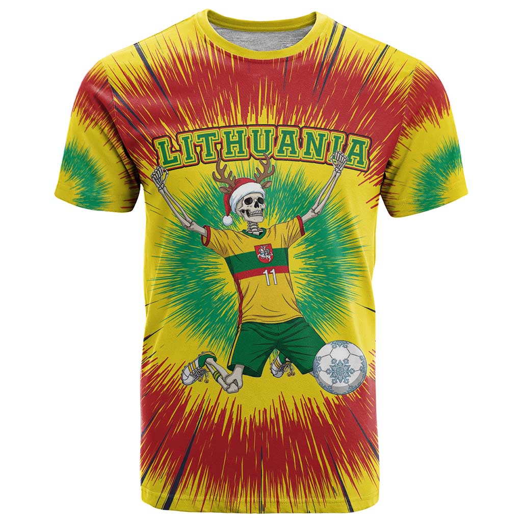 Personalized Lithuania Christmas Tie Dye T-Shirt Skeleton Soccer Goal Celebration Santa Hat Graphic Tee