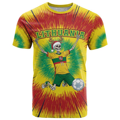 Personalized Lithuania Christmas Tie Dye T-Shirt Skeleton Soccer Goal Celebration Santa Hat Graphic Tee