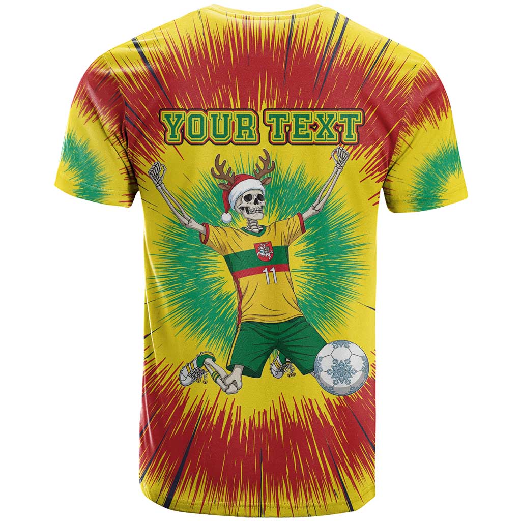Personalized Lithuania Christmas Tie Dye T-Shirt Skeleton Soccer Goal Celebration Santa Hat Graphic Tee