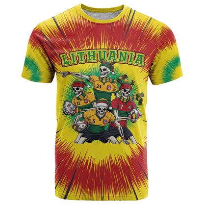 Personalized Lithuania Christmas T-Shirt Skeleton Rugby Tie Dye Vintage Graphic Tee