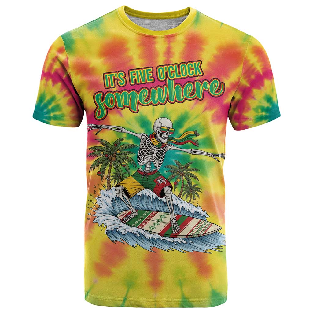 Tie-Dye Skeleton Surfing Lithuania T-Shirt Its 5 OClock Somewhere Graphic Tee