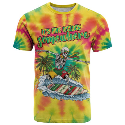 Tie-Dye Skeleton Surfing Lithuania T-Shirt Its 5 OClock Somewhere Graphic Tee