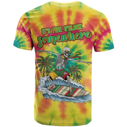 Tie-Dye Skeleton Surfing Lithuania T-Shirt Its 5 OClock Somewhere Graphic Tee
