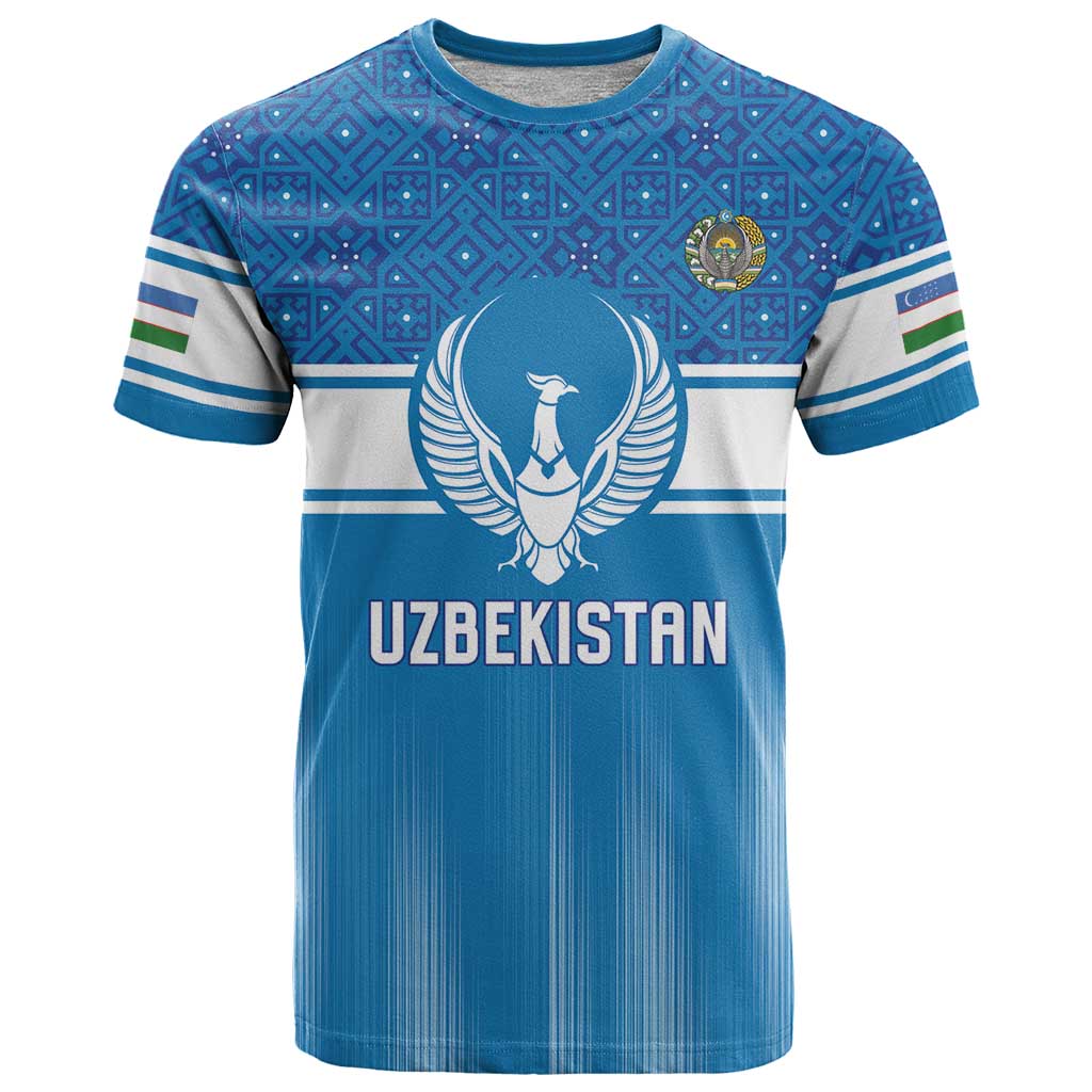 Custom World Football 2026 Uzbekistan T-Shirt Uzbek Ikat Pattern with Humo Bird Graphic Tee