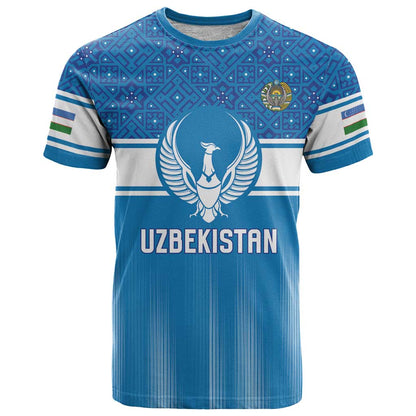 Custom World Football 2026 Uzbekistan T-Shirt Uzbek Ikat Pattern with Humo Bird Graphic Tee