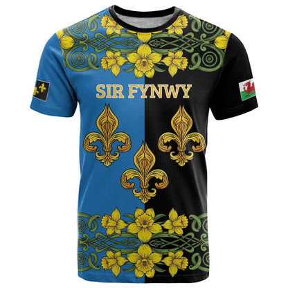 Personalized Monmouthshire Wales T-Shirt Sir Fynwy Flag With Welsh Daffodil Graphic Tee