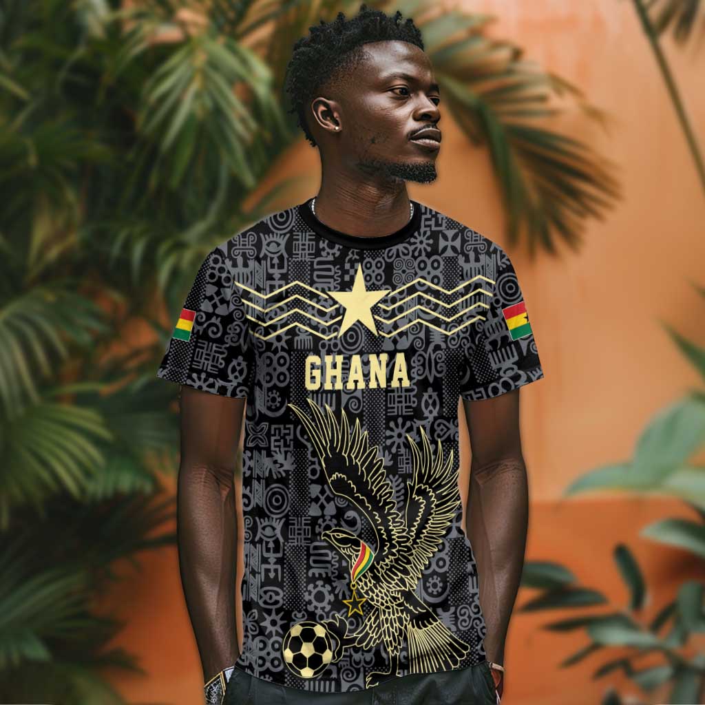 Custom World Football 2026 Ghana T-Shirt Black Stars Rise with Black Adinkra Pattern Graphic Tee