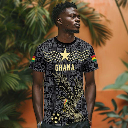 Custom World Football 2026 Ghana T-Shirt Black Stars Rise with Black Adinkra Pattern Graphic Tee