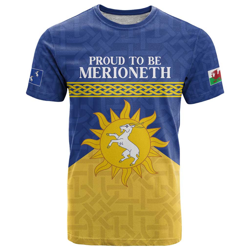 Personalized Merionethshire Wales T-Shirt Celtic Sun and Goat Design Graphic Tee