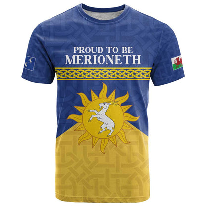 Personalized Merionethshire Wales T-Shirt Celtic Sun and Goat Design Graphic Tee