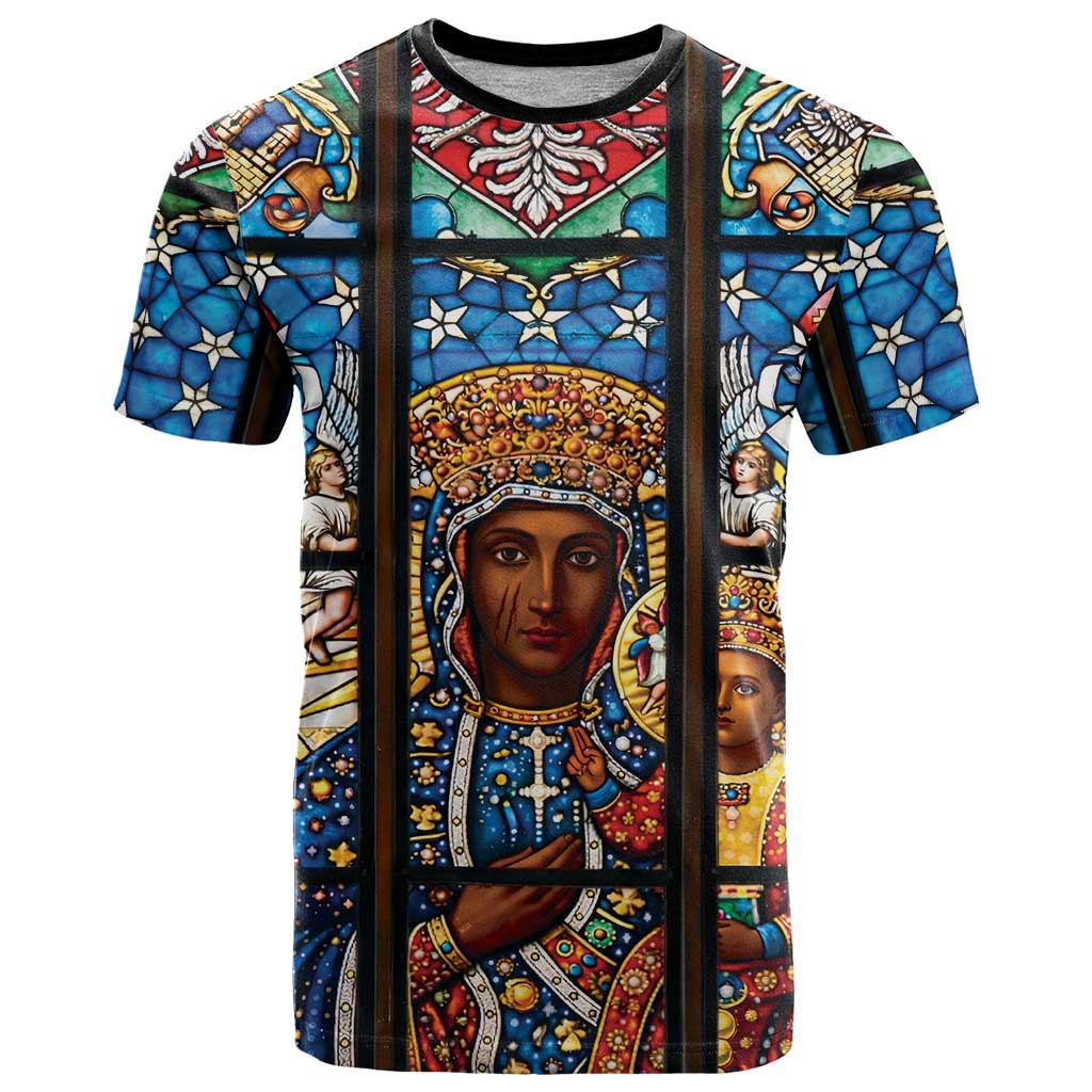 Polish Black Madonna of Czestochowa T-Shirt Our Lady of Poland Stained Glass Graphic Tee