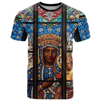 Polish Black Madonna of Czestochowa T-Shirt Our Lady of Poland Stained Glass Graphic Tee