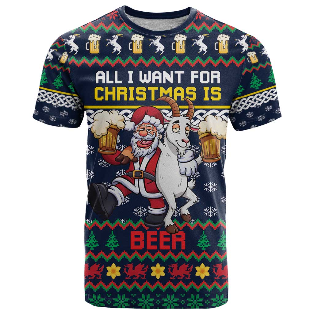 Personalized Merionethshire Wales Christmas T-Shirt Beer and Goat Santa Design Graphic Tee