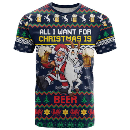 Personalized Merionethshire Wales Christmas T-Shirt Beer and Goat Santa Design Graphic Tee