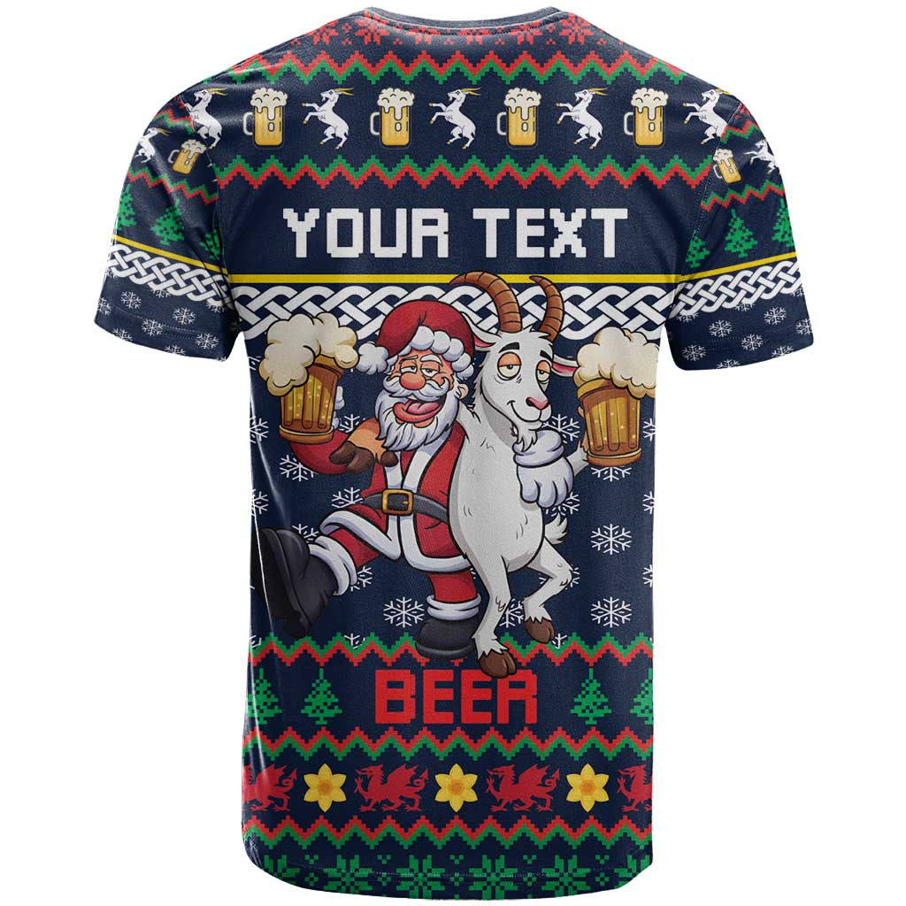 Personalized Merionethshire Wales Christmas T-Shirt Beer and Goat Santa Design Graphic Tee