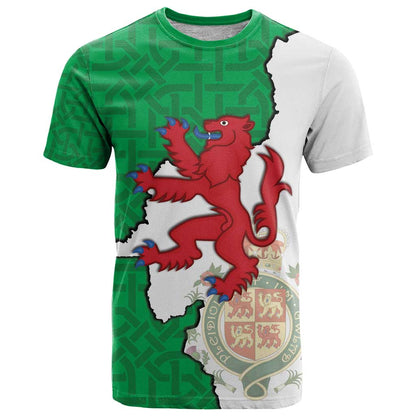 Montgomeryshire Wales T-Shirt Map and Emblem Celtic Style Graphic Tee