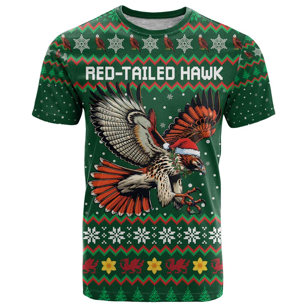 Personalized Radnorshire Wales Christmas T-Shirt Red-Tailed Hawk Design Graphic Tee
