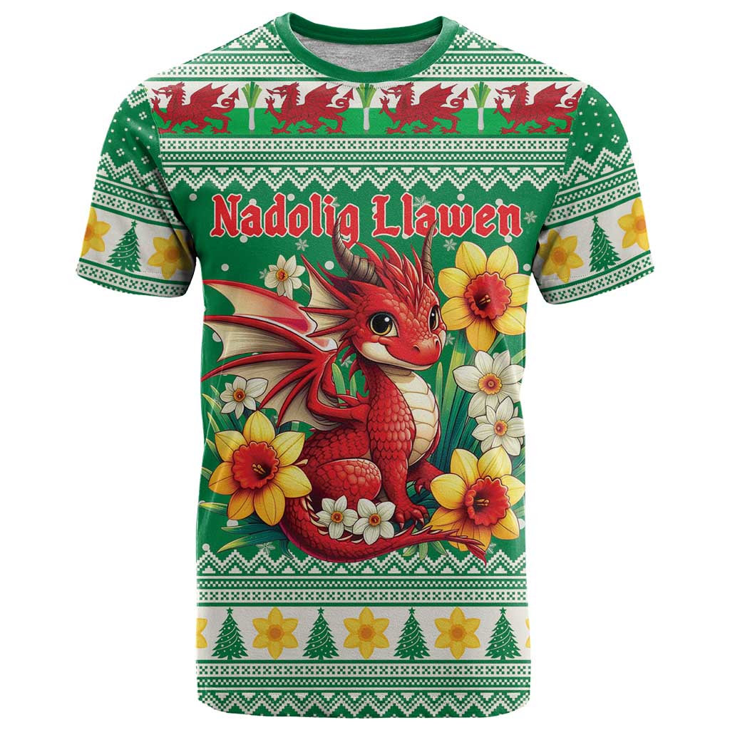 Personalized Wales Christmas T-Shirt Cute Red Welsh Dragon and Daffodils Graphic Tee