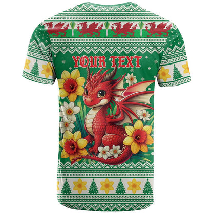 Personalized Wales Christmas T-Shirt Cute Red Welsh Dragon and Daffodils Graphic Tee