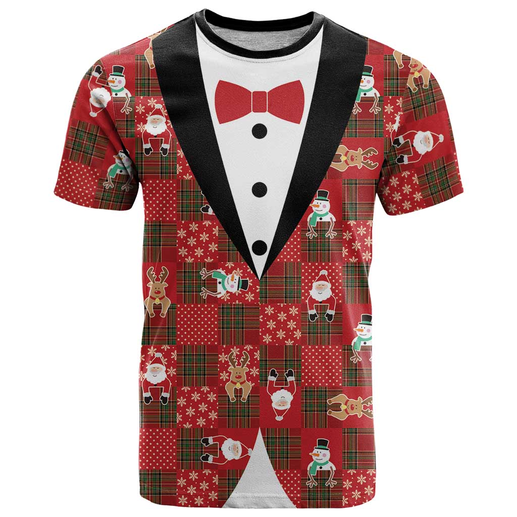 Christmas Patchwork Fake Tuxedo T-Shirt Santa and Reindeer Red Plaid Style Graphic Tee