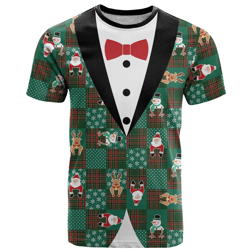 Christmas Patchwork Fake Tuxedo T-Shirt Santa and Reindeer Green Plaid Style Graphic Tee