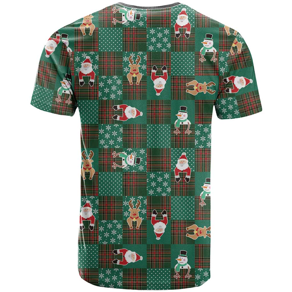 Christmas Patchwork Fake Tuxedo T-Shirt Santa and Reindeer Green Plaid Style Graphic Tee