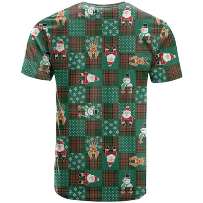 Christmas Patchwork Fake Tuxedo T-Shirt Santa and Reindeer Green Plaid Style Graphic Tee