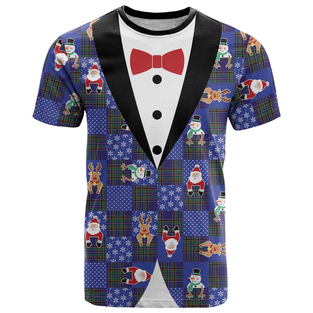 Christmas Patchwork Fake Tuxedo T-Shirt Santa and Reindeer Blue Plaid Style Graphic Tee
