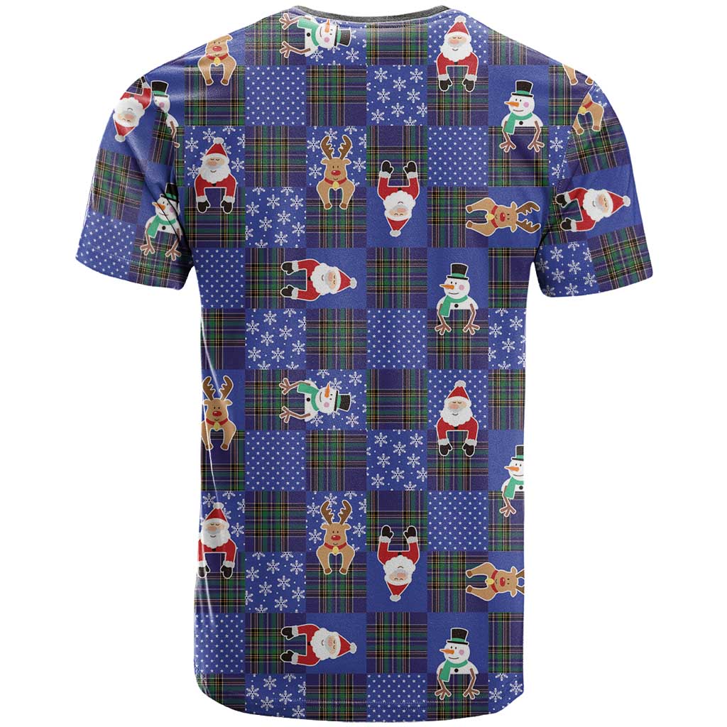 Christmas Patchwork Fake Tuxedo T-Shirt Santa and Reindeer Blue Plaid Style Graphic Tee