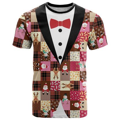 Christmas Patchwork Fake Tuxedo T-Shirt Santa and Reindeer Pink Plaid Style Graphic Tee