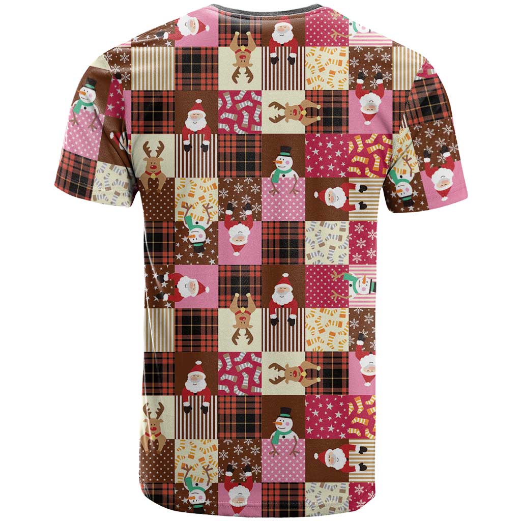 Christmas Patchwork Fake Tuxedo T-Shirt Santa and Reindeer Pink Plaid Style Graphic Tee