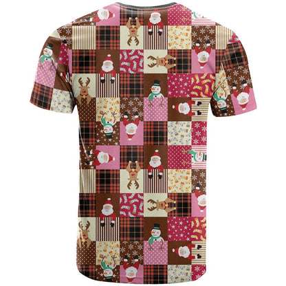 Christmas Patchwork Fake Tuxedo T-Shirt Santa and Reindeer Pink Plaid Style Graphic Tee