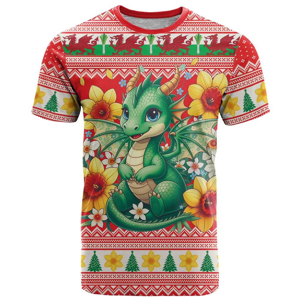 Wales Christmas T-Shirt Cute Green Welsh Dragon and Daffodils Graphic Tee