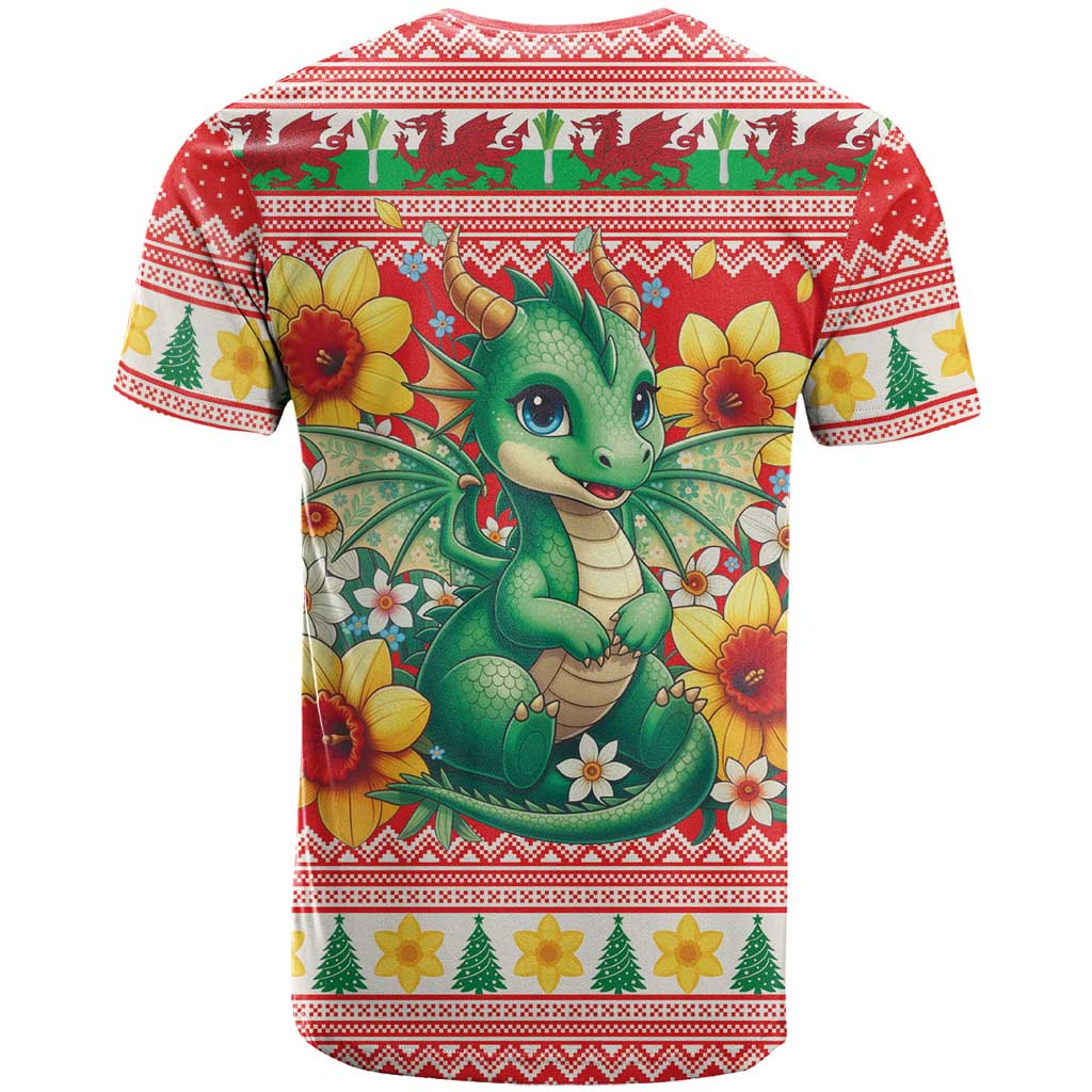 Wales Christmas T-Shirt Cute Green Welsh Dragon and Daffodils Graphic Tee