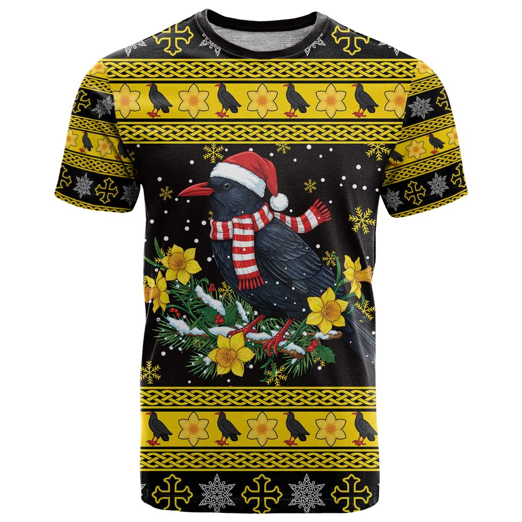 Flintshire Wales Christmas T-Shirt Welsh Red-billed Chough with Daffodil Graphic Tee