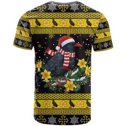 Flintshire Wales Christmas T-Shirt Welsh Red-billed Chough with Daffodil Graphic Tee