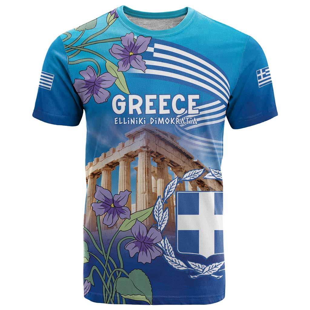 Greece Athens T-Shirt Viola Odorata with Emblem Design Graphic Tee