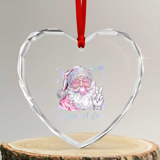 Pink Santa Heart Crystal Glass Ornament - Bubble Gum Style Christmas Decor with Peace Sign - Transparent Glass - 3'' Heart