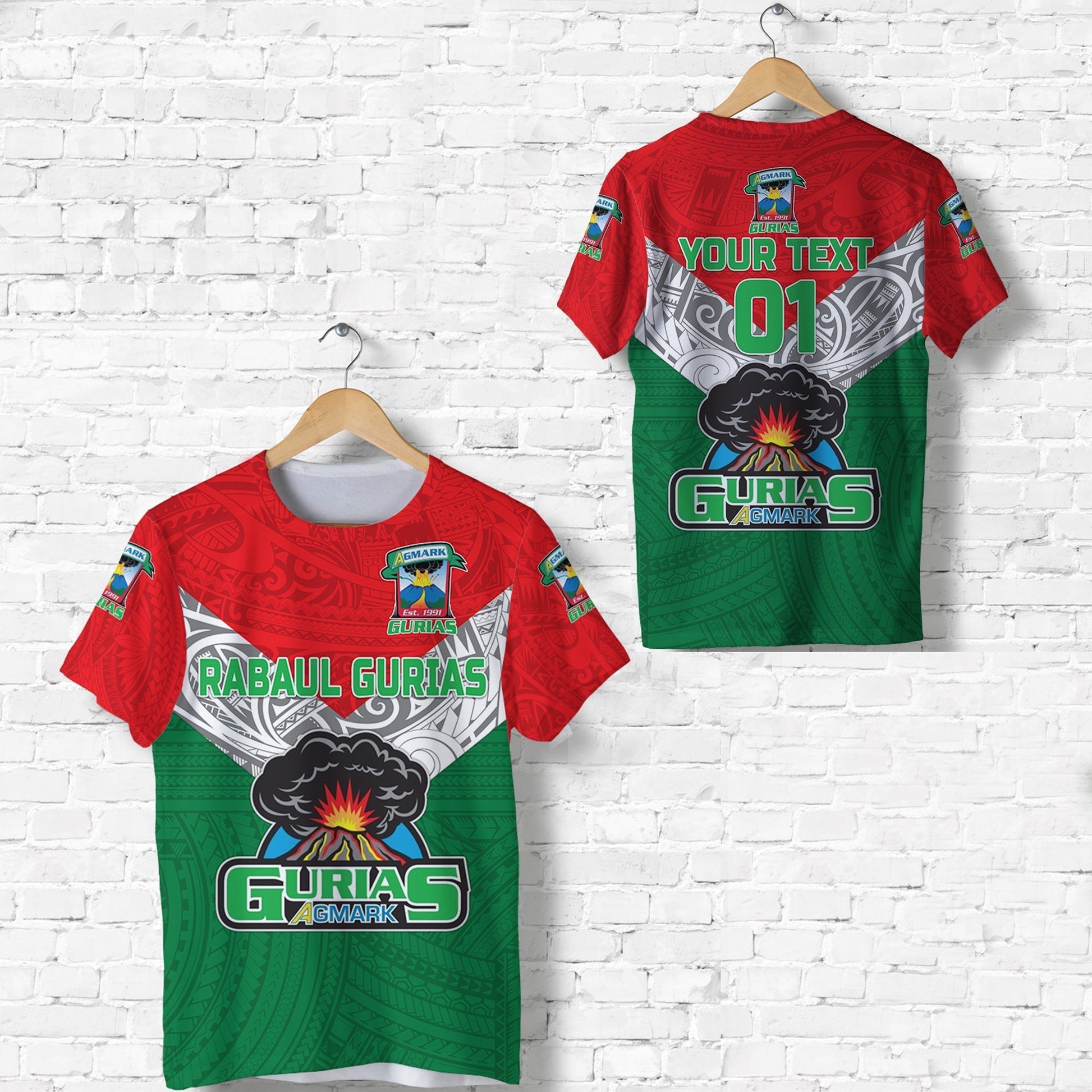 Custom Papua New Guinea Agmark Rabaul Gurias T-Shirt Rugby Green, Custom Text And Number Graphic Tee