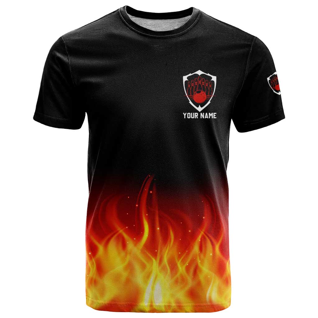 Bowling Ball and Pins Design T-Shirt with Flame Background and Custom Team Name Text Graphic Tee