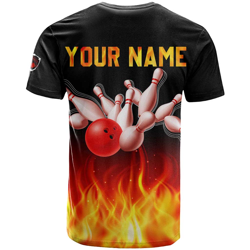 Bowling Ball and Pins Design T-Shirt with Flame Background and Custom Team Name Text Graphic Tee