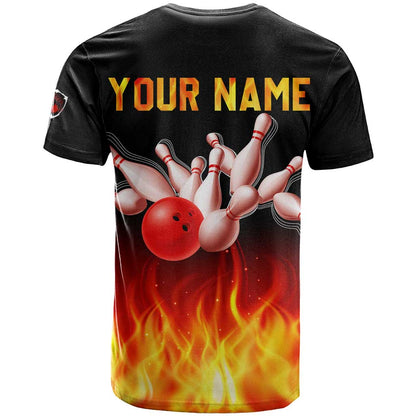 Bowling Ball and Pins Design T-Shirt with Flame Background and Custom Team Name Text Graphic Tee